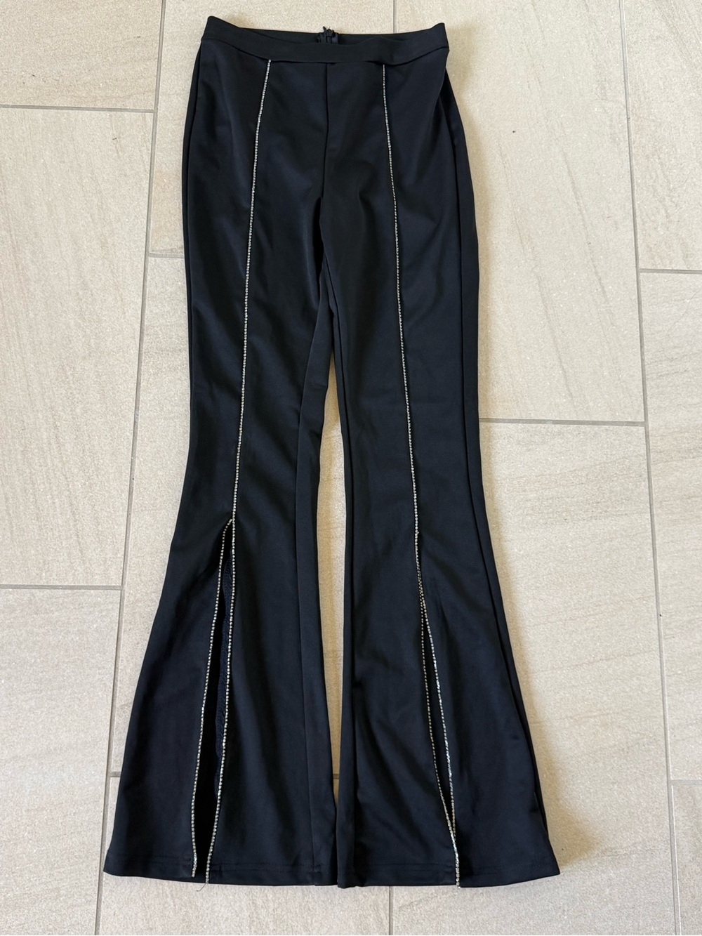 Black Split-Hem Flared Pants with Rhinestone Stitching - Picture 2 of 5